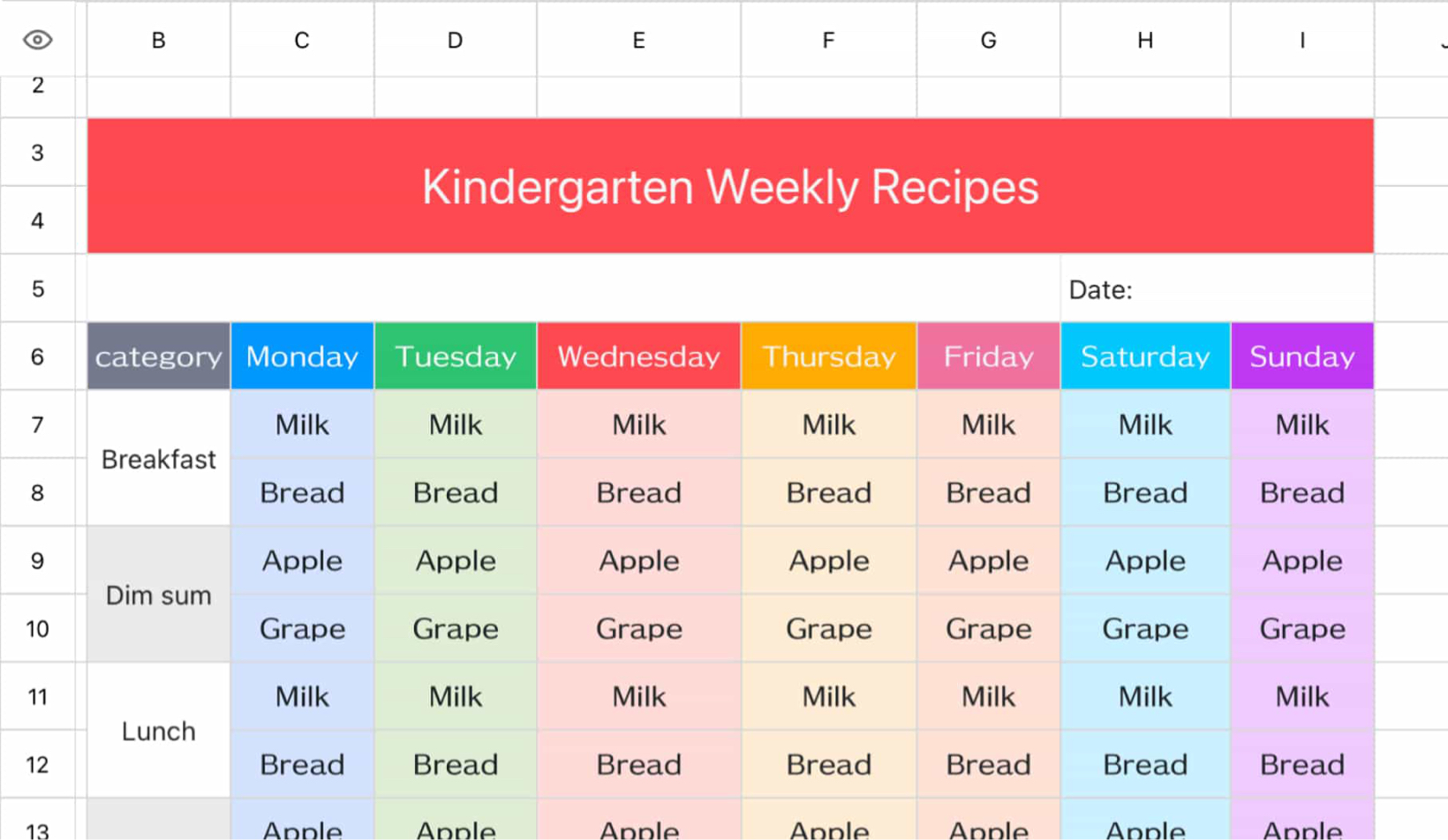 Kindergarten weekly recipes